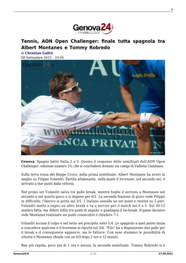 Tennis, AON Open Challenger: ﬁnale Tutta Spagnola Tra Albert Montanes E Tommy Robredo Di Christian Galfrè 08 Settembre 2012 – 23:05