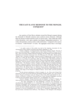 The East Slavic Response to the Mongol Conquest1