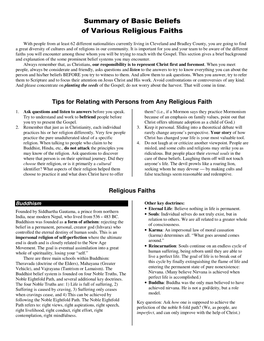 Summary of Basic Beliefs of Various Religious Faiths