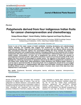 Polyphenols Derived from Four Indigenous Indian Fruits for Cancer Chemoprevention and Chemotherapy