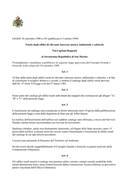 LEGGE 18 Settembre 1990 N.103 (Pubblicata Il 3 Ottobre 1990) Tutela Degli Edifici Di Rilevante Interesse Storico, Ambientale