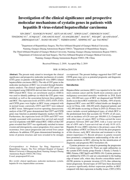 Investigation of the Clinical Significance and Prospective Molecular Mechanisms of Cystatin Genes in Patients with Hepatitis B Virus‑Related Hepatocellular Carcinoma