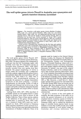 The Wolf Spider Genus Artoria Thorell in Australia: New Synonymies and Generic Transfers (Araneae, Lycosidae)