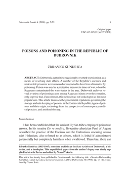 Poisons and Poisoning in the Republic of Dubrovnik