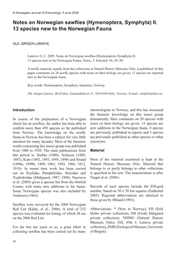 Notes on Norwegian Sawflies (Hymenoptera, Symphyta) II. 13 Species New to the Norwegian Fauna