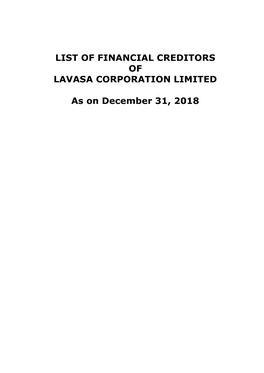 List of Financial Creditors of Lavasa Corporation Limited