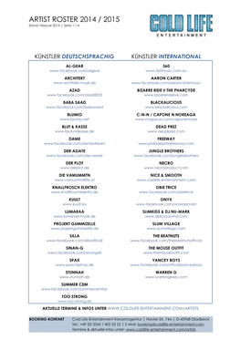 ARTIST ROSTER 2014 / 2015 Stand: Februar 2015 | Seite 1 / 4