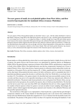 Zootaxa,Two New Genera of Small, Six-Eyed Pholcid Spiders from West Africa, and First