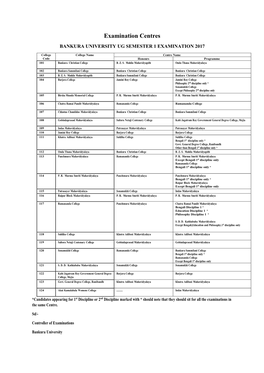 Examination Centres of Semester I (UG), 2017