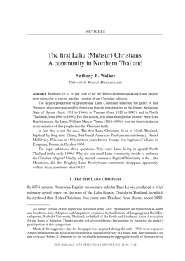 The First Lahu (Muhsur) Christians: a Community in Northern Thailand