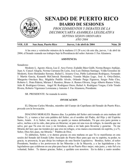 Senado De Puerto Rico Diario De Sesiones Procedimientos Y Debates De La Decimocuarta Asamblea Legislativa Septima Sesion Ordinaria Año 2004 Vol