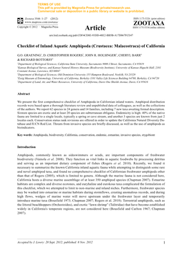 Checklist of Inland Aquatic Amphipoda (Crustacea: Malacostraca) of California