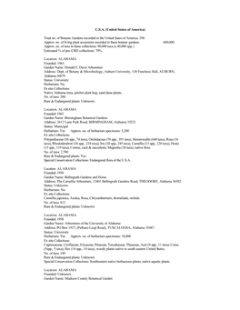 U.S.A. (United States of America) Total No. of Botanic Gardens Recorded In