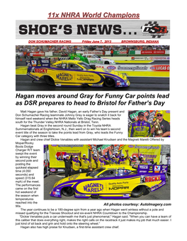 Hagan Moves Around Gray for Funny Car Points Lead As DSR Prepares to Head to Bristol for Father’S Day