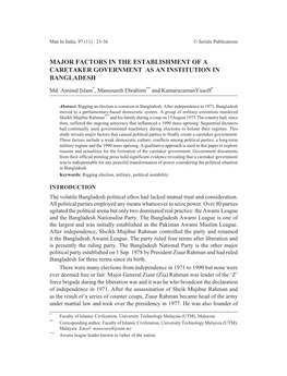 Major Factors in the Establishment of a Caretaker Government As an Institution in Bangladesh