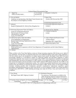 Guidelines for Incorporating a Bus Rapid Transit Scenario Into the Analysis of Texas Highway Corridors (0-5668-1)