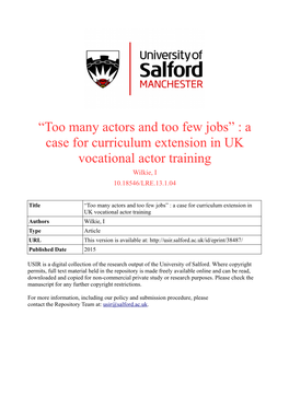 A Case for Curriculum Extension in UK Vocational Actor Training Wilkie, I 10.18546/LRE.13.1.04