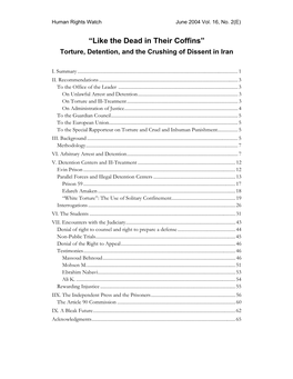 Like the Dead in Their Coffins” Torture, Detention, and the Crushing of Dissent in Iran