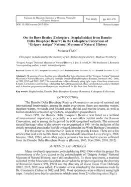 From Danube Delta Biosphere Reserve in the Coleoptera Collections of “Grigore Antipa” National Museum of Natural History Melania STAN*
