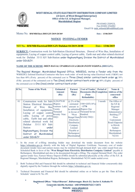 WBSEDCL WEST BENGAL STATE ELECTRICITY DISTRIBUTION COMPANY LIMITED (A Govt. of West Bengal Enterprise) NOTICE INVITING E-TENDER