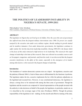 The Politics of Leadership Instability in Nigeria's Senate, 1999-2011