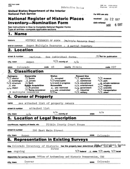 National Register of Historic Places Inventory Nomination Form 1. Name 2. Location 3. Classification 4. Owner of Property 5