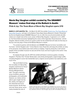 Stevie Ray Vaughan Exhibit Curated by the GRAMMY Museum® Makes Final Stop at the Bullock in Austin Pride & Joy: the Texas Blues of Stevie Ray Vaughan Opens 3/10