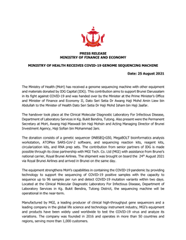 PRESS RELEASE MINISTRY of FINANCE and ECONOMY MINISTRY of HEALTH RECEIVES COVID-19 GENOME SEQUENCING MACHINE Date: 25 August 20