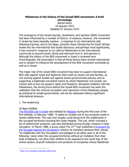 Milestones in the History of the Israeli BDS Movement: a Brief Chronology Rachel Giora 18 January 2010 Updated 27 January 2010