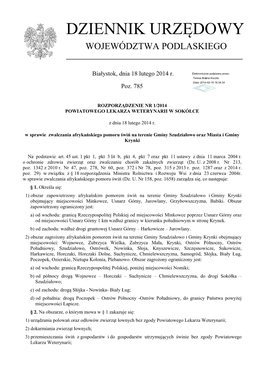 Rozporządzenie Nr 1/2014 Powiatowego Lekarza Weterynarii W Sokółce