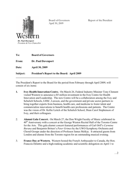 Board of Governors Report of the President April 30, 2009