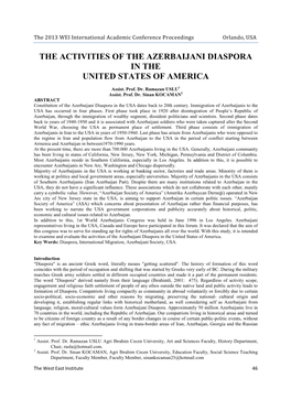 The Activities of the Azerbaijani Diaspora in the United States of America