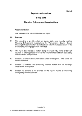 Item 4 Regulatory Committee 8 May 2018 Planning Enforcement