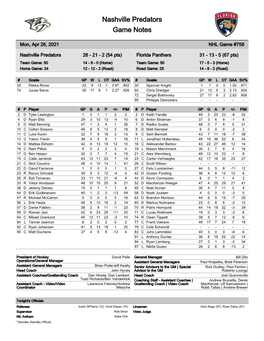 Nashville Predators Game Notes