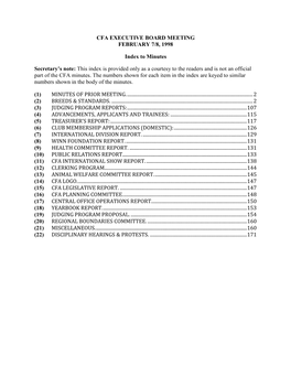CFA EXECUTIVE BOARD MEETING FEBRUARY 7/8, 1998 Index to Minutes Secretary's Note: This Index Is Provided Only As a Courtesy To