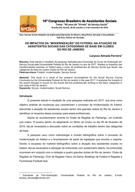 16º Congresso Brasileiro De Assistentes Sociais Tema: “40 Anos Da “Virada” Do Serviço Social” Brasília (DF, Brasil), 30 De Outubro a 3 De Novembro De 2019