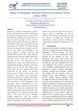 Study of Allopathic Medical System in Kashmir Valley (1864-1900) Davood Ahmad Khanday & Dr