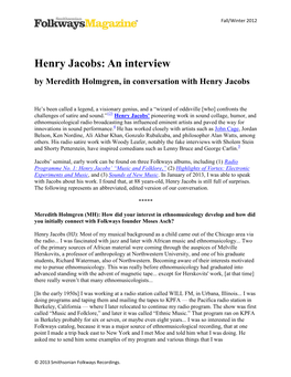 Henry Jacobs: an Interview by Meredith Holmgren, in Conversation with Henry Jacobs