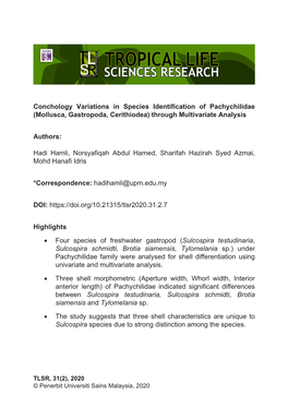 Conchology Variations in Species Identification of Pachychilidae (Mollusca, Gastropoda, Cerithiodea) Through Multivariate Analysis