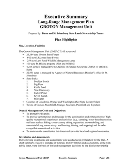 Executive Summary Long-Range Management Plan GROTON Management Unit