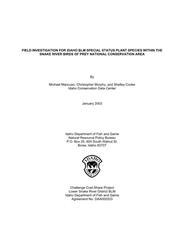 Field Investigation for Idaho Blm Special Status Plant Species Within the Snake River Birds of Prey National Conservation Area