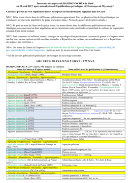 Inventaire Des Espèces De BASIDIOMYCOTA Du Gard Au 30 Avril 2017, Après Consultation De 8 Publications Périodiques Et 22 Ouvrages De Mycologie*