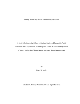 British Pilot Training, 1912-1918 a Thesis Submitted to The