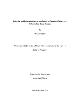 Molecular and Epigenetic Insights Into RASSF1A Regulated Pathways in Inflammatory Bowel Disease by Mohamed Salla a Thesis Submi