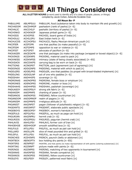 Things Considered ALL 8-LETTER NOUNS (A Word Used to Identify Any of a Class of People, Places, Or Things) Compiled by Jacob Cohen, Asheville Scrabble Club