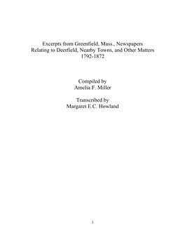 Excerpts from Greenfield, Mass., Newspapers Relating to Deerfield, Nearby Towns, and Other Matters 1792-1872