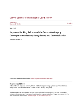 Japanese Banking Reform and the Occupation Legacy: Decompartmenalization, Deregulation, and Decentralization