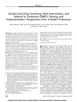 SBIRT) Training and Implementation: Perspectives from 4 Health Professions