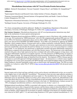 Mesothelioma Interactome with 367 Novel Protein-Protein Interactions Authors: Kalyani B