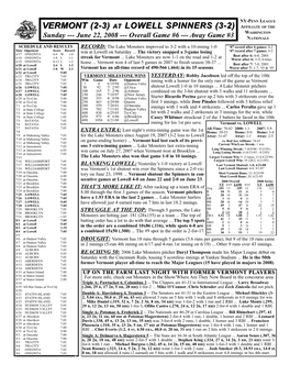 VERMONT (2-3) at LOWELL SPINNERS (3-2) AFFILIATE of the WASHINGTON Sunday --- June 22, 2008 --- Overall Game #6 --- Away Game #3 NATIONALS